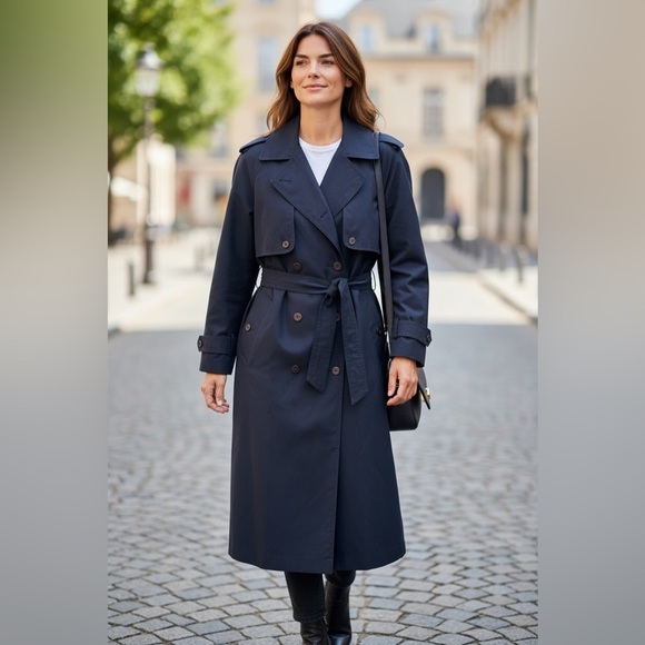 Vintage Jackets & Blazers - Vintage Twilight Navy Blue 90’s Euro Chic Belted Trendy Equestrian Trench Coat